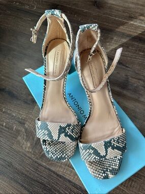 ANTONIO MELANI Teal and Cream Snake-Print Ankle Strap Heels